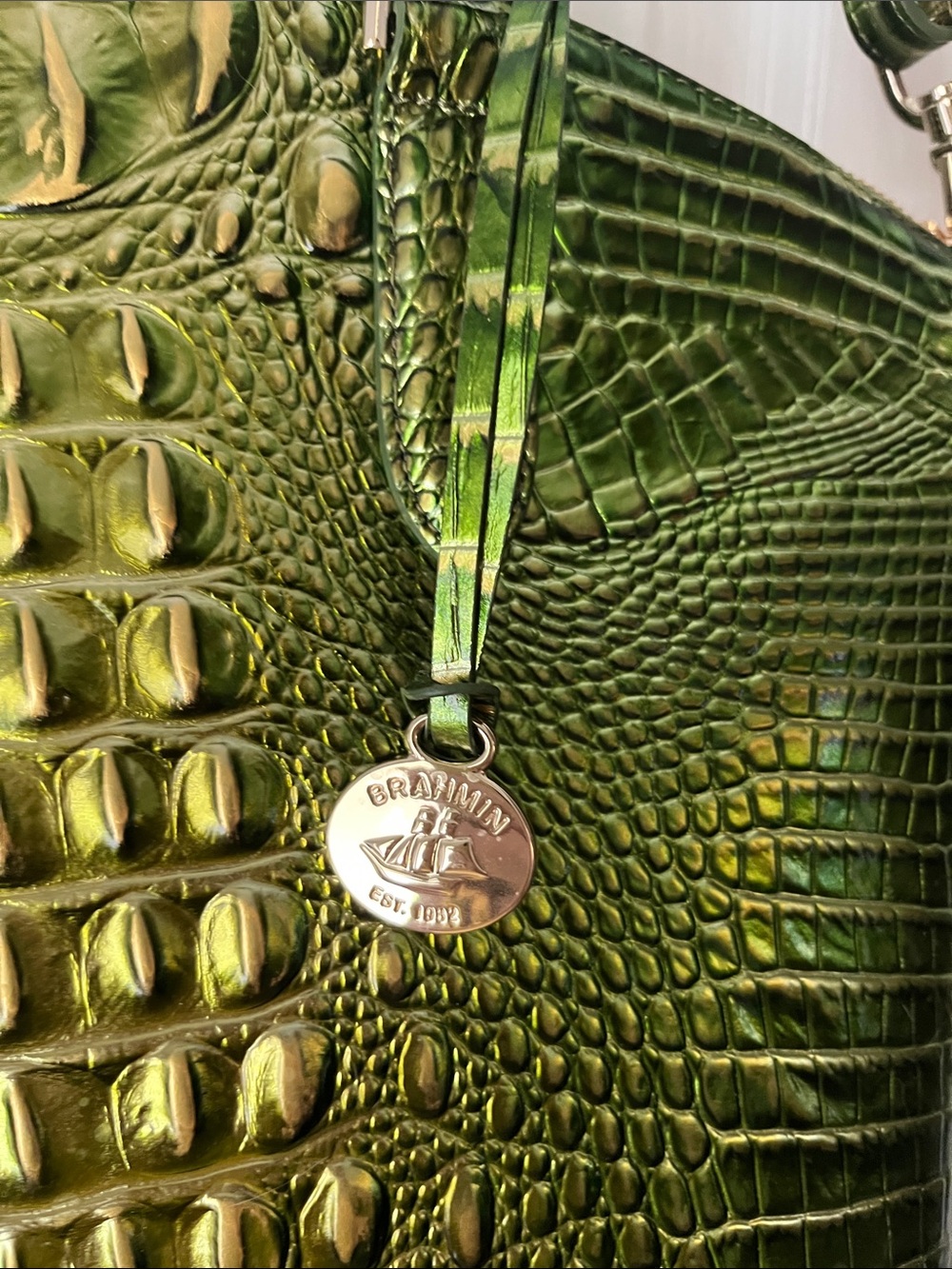 NEW WITH TAGS BRAHMIN Lux Croc-Embossed SHOULDER BAG Handbag in Metallic Green - Picture 9 of 13